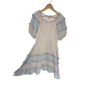 Sweet en Forme Floral Tiered Mini Dress Smocked Waist Puff Sleeve Pastel Large